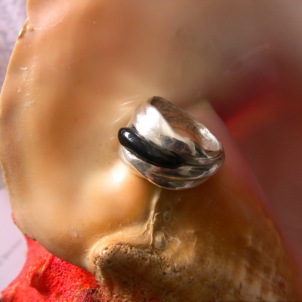 Black coral and waves diver ring, 999+ pure silver